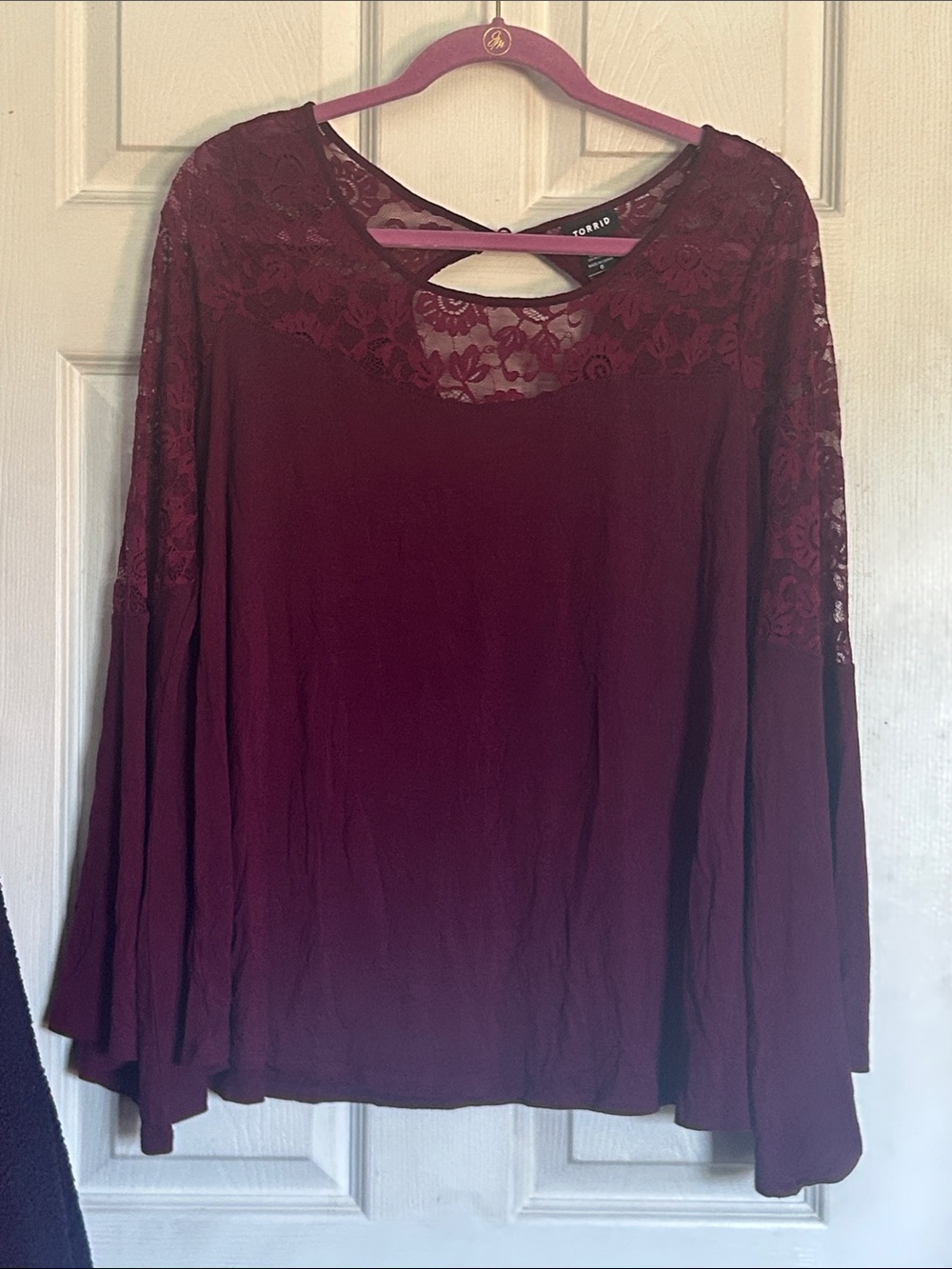 Torrid burgundy lace accents bell sleeve knit top size large